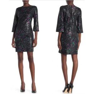 New Trina Turk Green Purple Sequin 3/4 Sleeve Perforated Cocktail Dress Size 4